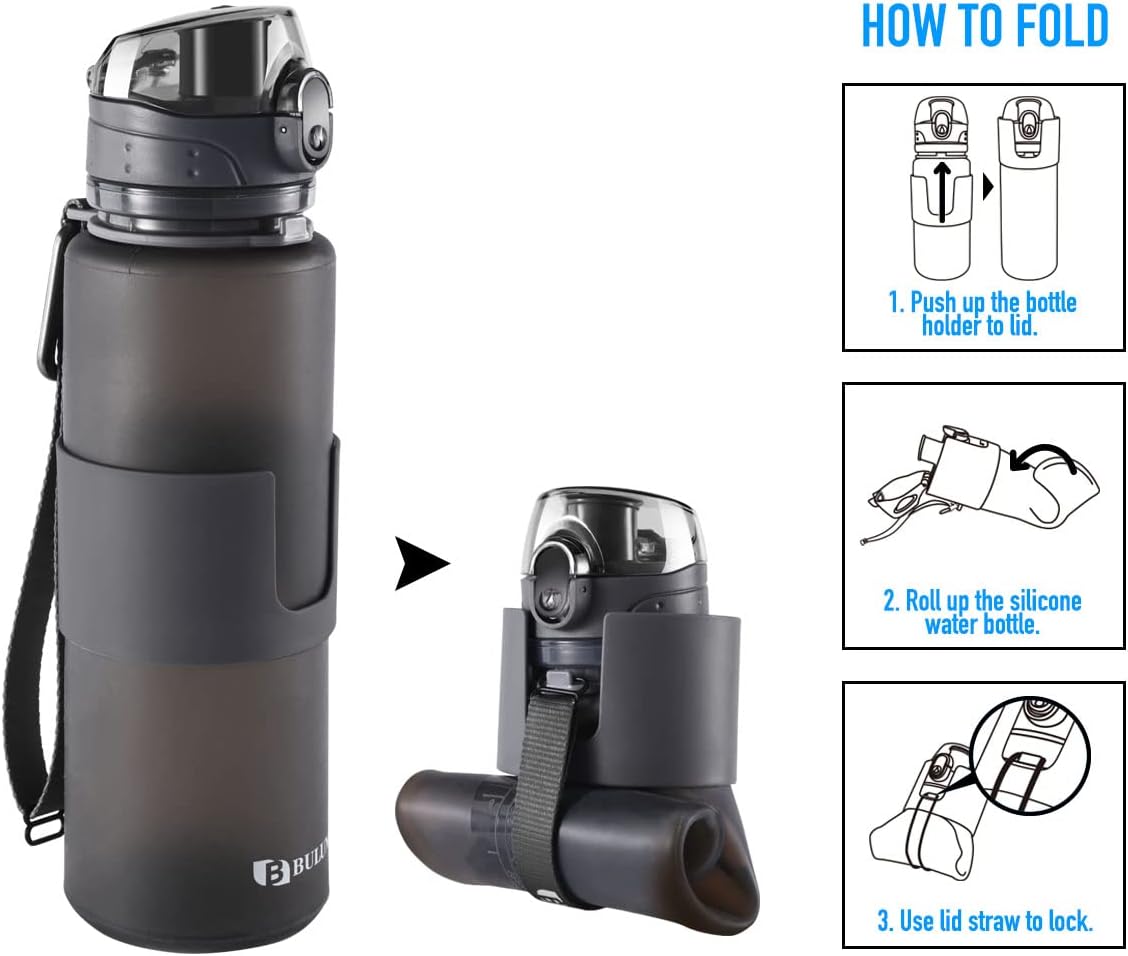 BPA-Free Silicone Collapsible Water Bottle - Leak Proof Twist Cap - 22 oz (City Grey) - Image 3