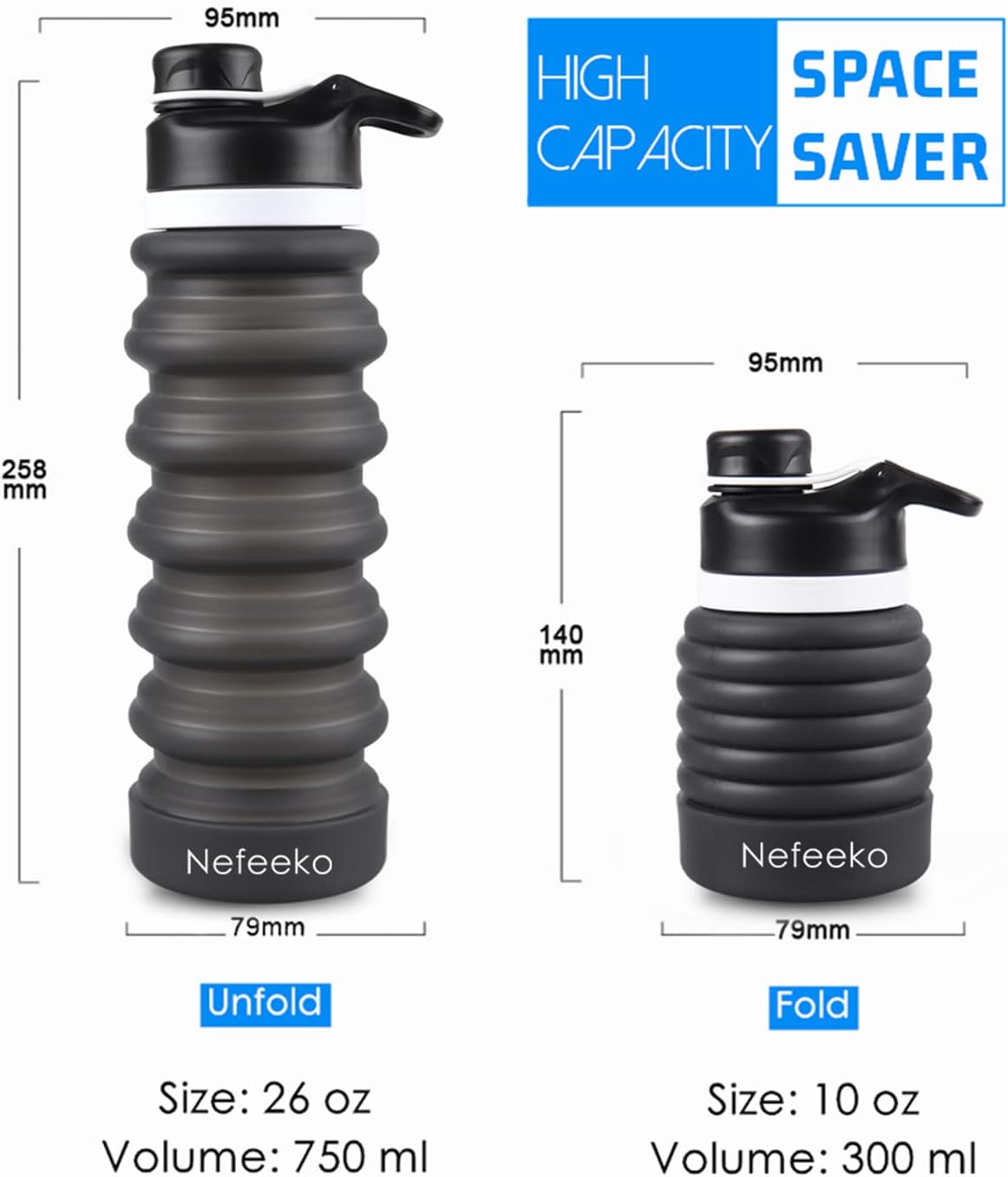 Nefeeko Collapsible Water Bottle, 26oz Silicone Foldable Water Bottles Leakproof BPA Free Travel Water Bottles with Carabiner, Portable Sport Water Bottles for Camping,Hiking Outdoor Indoor Sport - Image 3