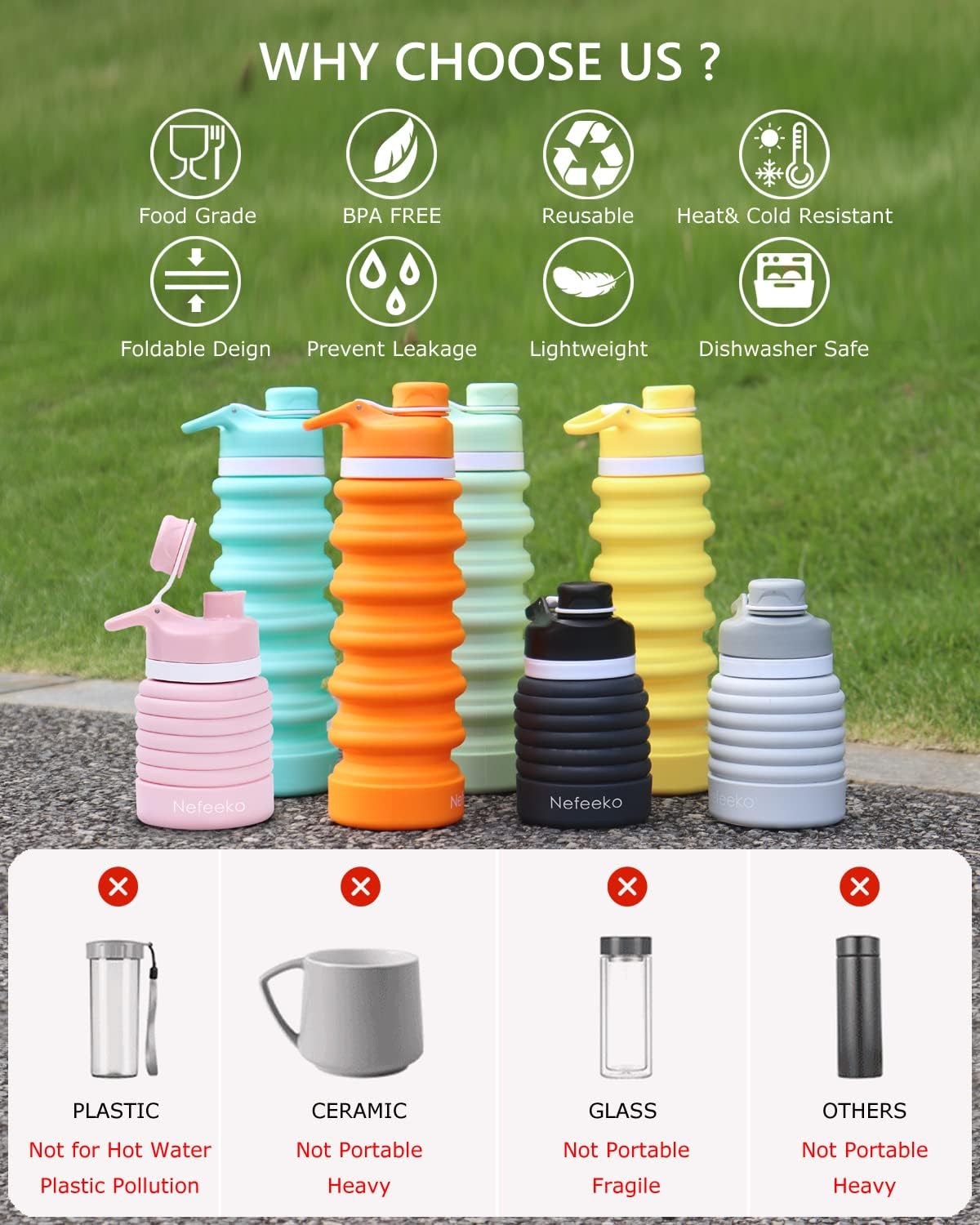 Nefeeko Collapsible Water Bottle, 26oz Silicone Foldable Water Bottles Leakproof BPA Free Travel Water Bottles with Carabiner, Portable Sport Water Bottles for Camping,Hiking Outdoor Indoor Sport - Image 5