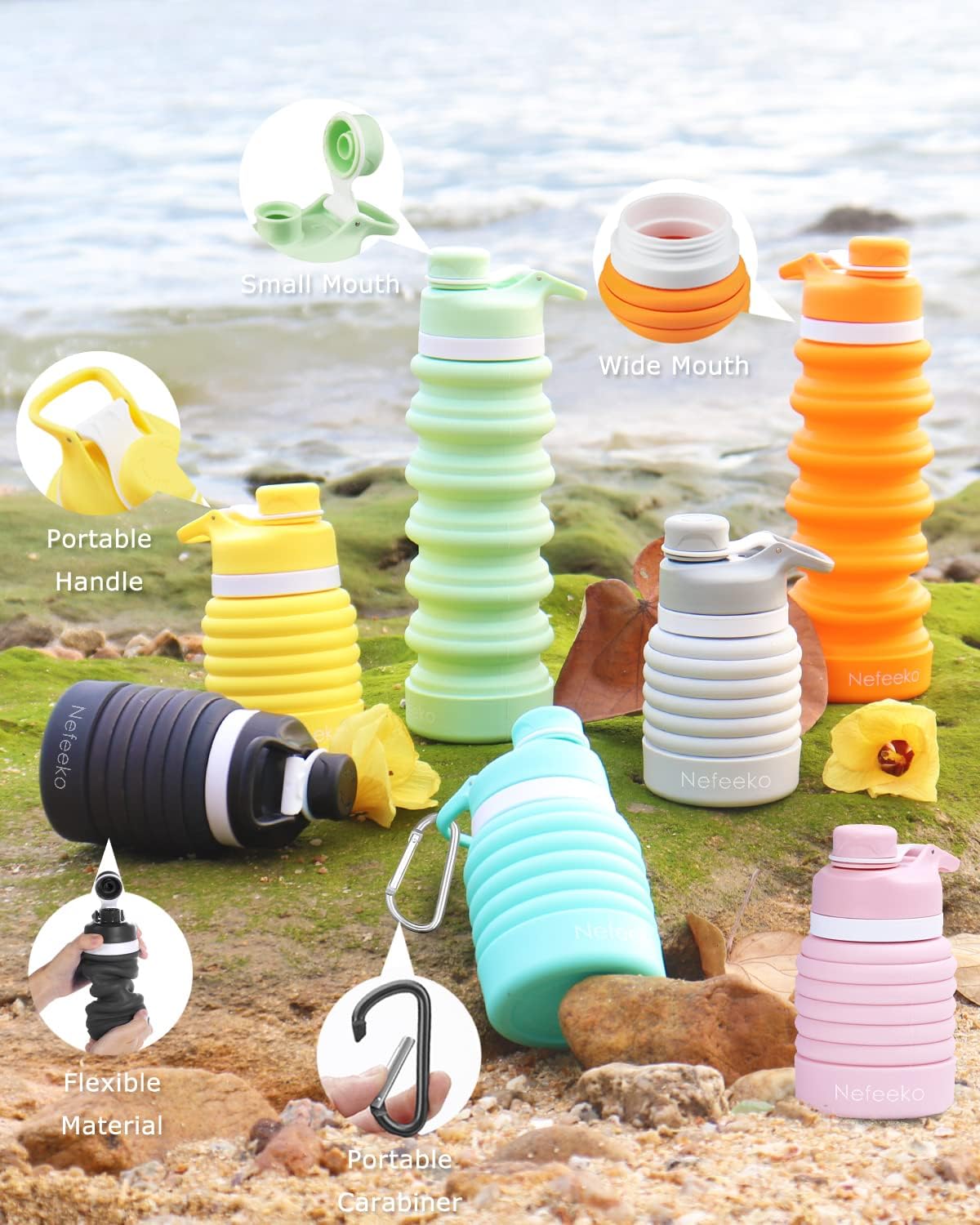 Nefeeko Collapsible Water Bottle, 26oz Silicone Foldable Water Bottles Leakproof BPA Free Travel Water Bottles with Carabiner, Portable Sport Water Bottles for Camping,Hiking Outdoor Indoor Sport - Image 6