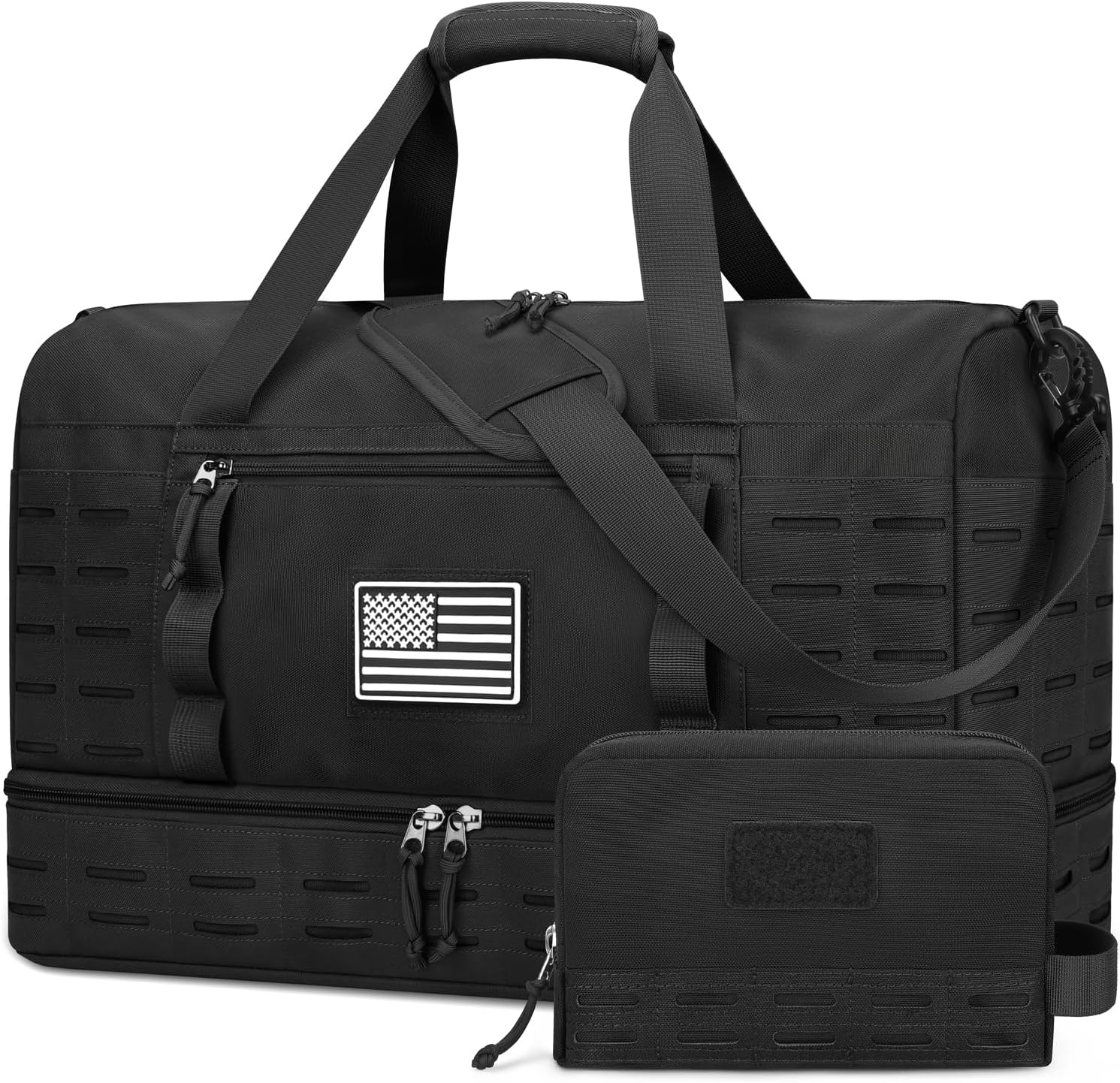 Travel Bag for Men, Tactical Gym Duffle with Shoe Compartment & Toiletry Bag, Waterproof Carry On Weekender with Molle System for Overnight Trip, Tactical Use, Flight Approved, Black