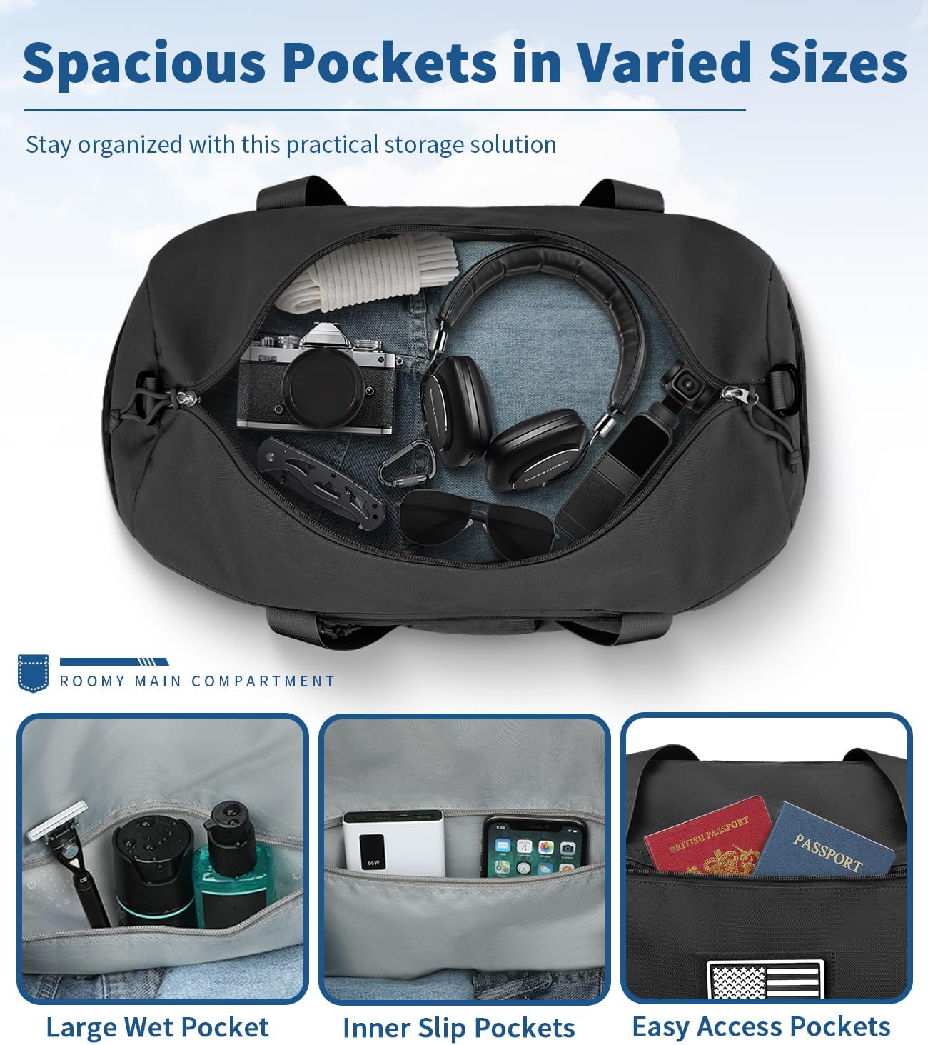 Travel Bag for Men, Tactical Gym Duffle with Shoe Compartment & Toiletry Bag, Waterproof Carry On Weekender with Molle System for Overnight Trip, Tactical Use, Flight Approved, Black - Image 2