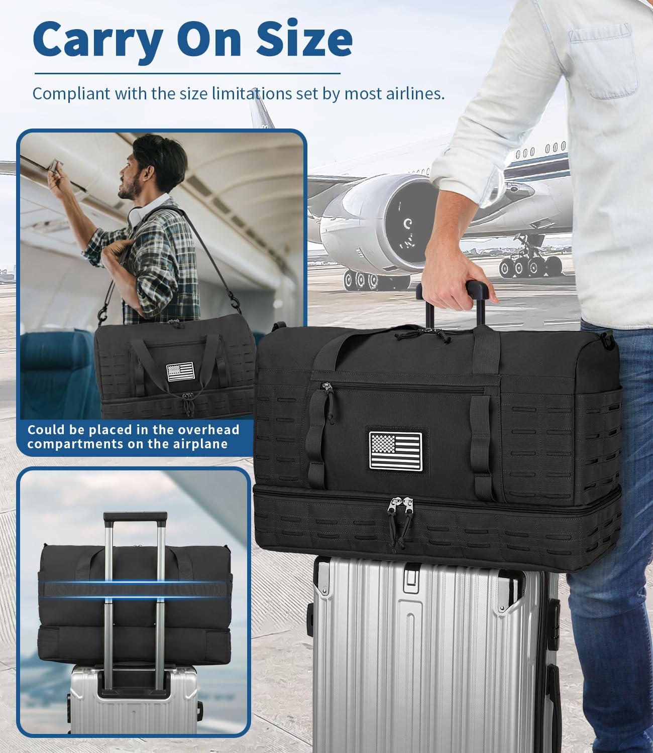 Travel Bag for Men, Tactical Gym Duffle with Shoe Compartment & Toiletry Bag, Waterproof Carry On Weekender with Molle System for Overnight Trip, Tactical Use, Flight Approved, Black - Image 3