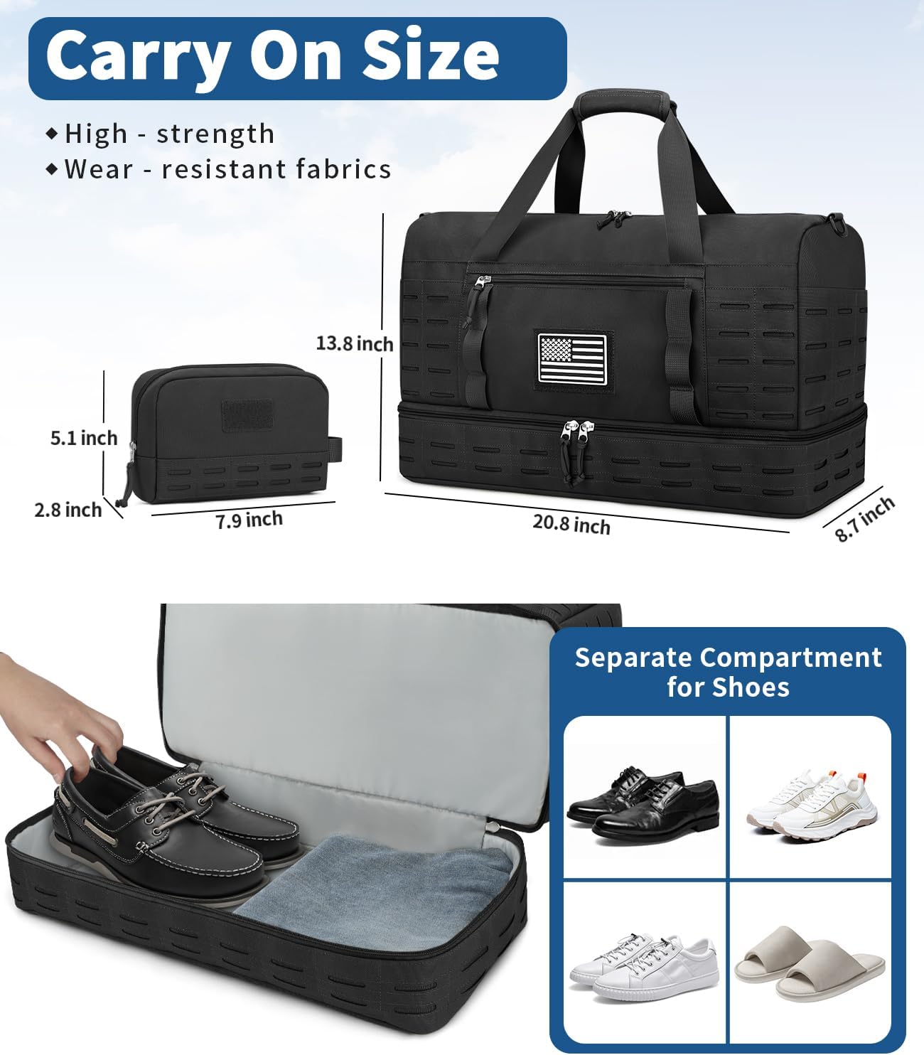 Travel Bag for Men, Tactical Gym Duffle with Shoe Compartment & Toiletry Bag, Waterproof Carry On Weekender with Molle System for Overnight Trip, Tactical Use, Flight Approved, Black - Image 5